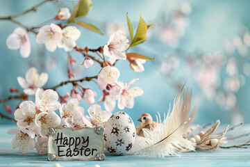 Wall Mural - Happy Easter Greeting Card with Cherry Flowers, Quail Eggs, and Feathers, adorned with a 