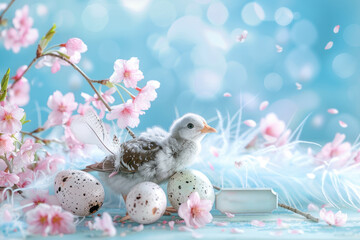 Wall Mural - Happy Easter Greeting Card with Cherry Flowers, Quail Eggs, and Feathers, adorned with a Ample Copy Space Available.