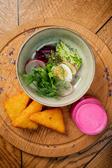 Poster - cold beetroot soup on wooden tray