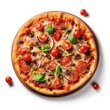© crazyass - A pizza with pepperoni, mushrooms, and tomatoes on a wooden board