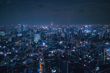 5G Connectivity concept featuring a cityscape at night with digital, glowing connection lines, illustrating a global, futuristic network powered by smart technology and AI  