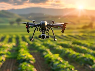 Wall Mural - Smart Agricultural Drone Monitoring Crop Health Over Vast Farmland at Scenic Sunset