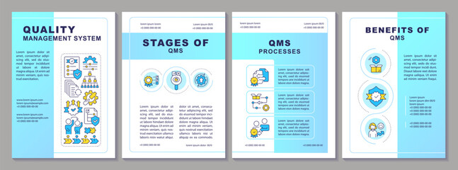 Quality management system brochure template. Leaflet design with linear icons. Editable 4 vector layouts for presentation, annual reports. Arial-Black, Myriad Pro-Regular fonts used