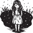 Cute sad little girl in the garden. illustration in black and white.