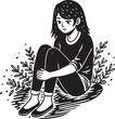 Sad girl sitting on the ground. Black and white  illustration.