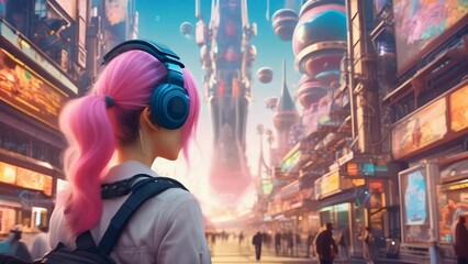 Wall Mural - A pink-haired explorer with headphones stands in a bustling cyberpunk city, surrounded by neon lights and futuristic buildings. 