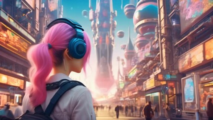 Poster - A pink-haired explorer with headphones stands in a bustling cyberpunk city, surrounded by neon lights and futuristic buildings. 