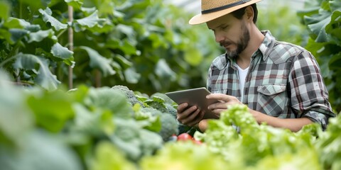 Wall Mural - Inspecting Fresh Vegetables on an Organic Farm: Young Farmer's Digital Tablet Use. Concept Organic Farming, Technology in Agriculture, Fresh Produce Inspection, Farming Innovation