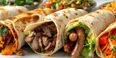 Wall Mural - Mexican Burritos: Chicken, Beef, Sausage, Salad, and Wraps on White. Concept Food Photography, Mexican Cuisine, Burrito Varieties, Fresh Ingredients, Wraps Display