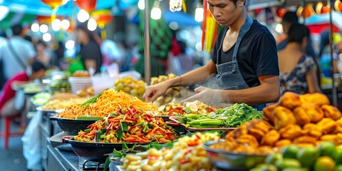 Wall Mural - Exploring Bangkok's Lively Market for an Authentic Street Food Experience. Concept Bangkok Market Stalls, Authentic Street Food, Lively Atmosphere, Exotic Flavors, Culinary Adventure