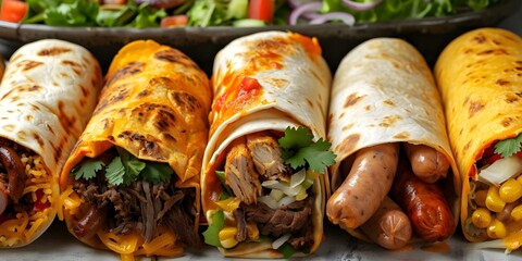 Wall Mural - Assorted Mexican burritos with chicken beef sausage salad and wraps on white. Concept Mexican Food, Assorted Burritos, Chicken, Beef, Sausage, Salad, Wraps, White Background