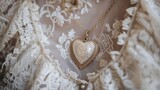 A neck showcasing a heartshaped pendant, set against a backdrop of vintage lace, invoking timeless love and cherished memories