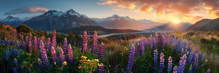 Wall Mural - Landscape view of mountain range with lupine flowers at sunset, Fjordland, New Zealand realistic nature and landscape
