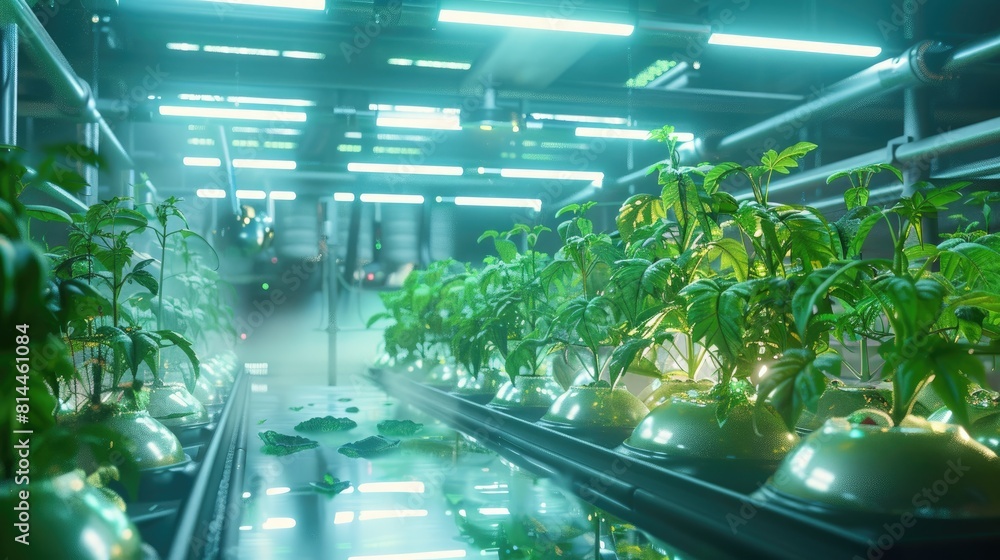 Modern indoor hydroponic farm with rows of young plants under ...
