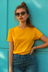 Canvas Print - A woman in yellow t - shirt leaning against a blue wall.