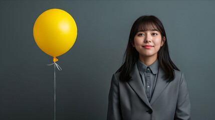 Wall Mural - A young woman in a suit holding a yellow balloon.