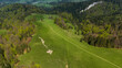 Traditional sheep pasture on meadow in Pieniny Mountains in Poland. Aerial drone view