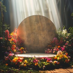 Wall Mural - 3d render of a stage or platform surrounded by flowers and plants