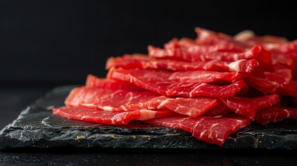 Sliced raw meat on a dark stone board, vibrant red against black, detailed closeup, culinary arts