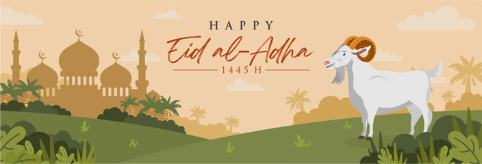 Eid Al Adha Mubarak2024 Template Background with Cow Illustration and Mosque. Idul Adha 1445 H banner. Vector Illustration
