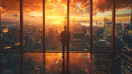 Wall Mural - Successful Business Leader Overlooking Vibrant City Skyline from High Rise Office Embodying Vision and Achievement