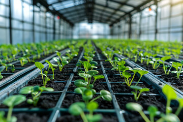 Wall Mural - A modern greenhouse horticulture concept showcasing the efficient cultivation of vibrant flowers, representing a thriving floral agriculture business  