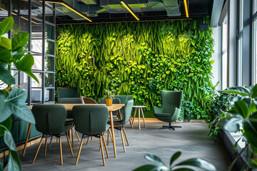 Wall Mural - A modern office interior featuring green walls and ecofriendly elements, promoting a sustainable and environmentally conscious workplace culture A commitment to green living 