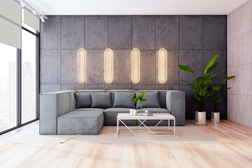 Wall Mural - Contemporary living room with gray sectional, modern decor, and striking light installations against a city backdrop. 3D Rendering