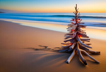 Wall Mural - A driftwood Christmas tree on a beach at sunrise