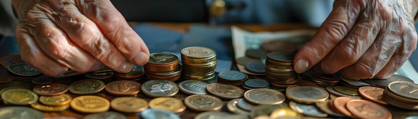 Poster - Elderly Hands Sorting Coins and Currency for Financial Planning and Budgeting