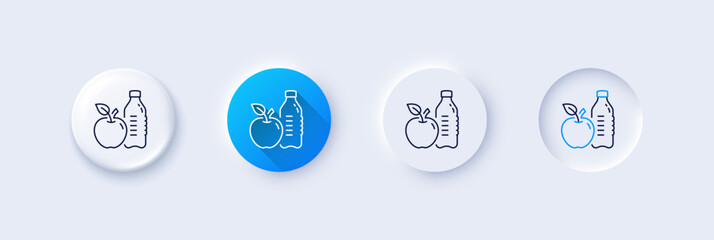 Wall Mural - Healthy food and drink line icon. Neumorphic, Blue gradient, 3d pin buttons. Water with apple sign. Gym fit bottle symbol. Line icons. Neumorphic buttons with outline signs. Vector