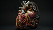 anatomical heart engine, pressure gauge, timing belts, exhaust pipes, turbo, spark plugs
