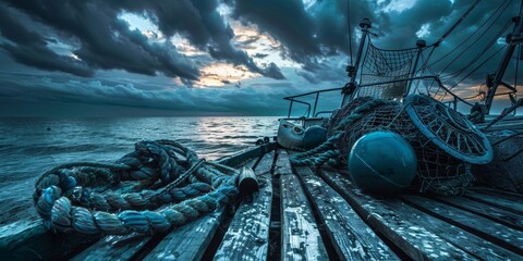 Poster - A boat is on a wooden dock with a rope tied to it