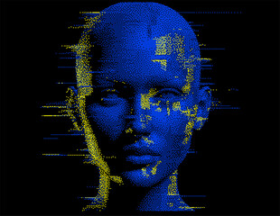 Poster - Glitchy pixelated blue 3D human face silhouette on dark background. Conceptual vector illustration of personality and facial recognition systems.
