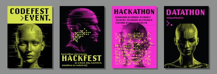 Wall Mural - Set of futuristic posters with 8-bit pixel art illustrations of glitched human heads. Covers for hackathon (also known as a hack day, hackfest, datathon or codefest) event.