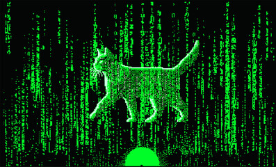 Wall Mural - Pixel art futuristic style vector illustration of a cat silhoutte moving in and through visual noise and glitches. Concept of the virtual reality and computer simulation.