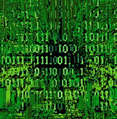 Aufkleber - Glitched and distorted green background with collapsing binary code. Vector abstract illustration on the theme of technology and science.