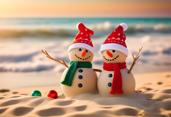 Wall Mural - A snowmen made of sand on a sunny beach with blurred in the background