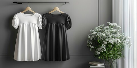 A fashionable white and black dress hangs on a hanger on a blank background.