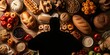 Silhouette of overweight man surrounded by an assortment of unhealthy food items. Concept Silhouette Photography, Unhealthy Eating, Food Addiction, Weight Management, Health Awareness