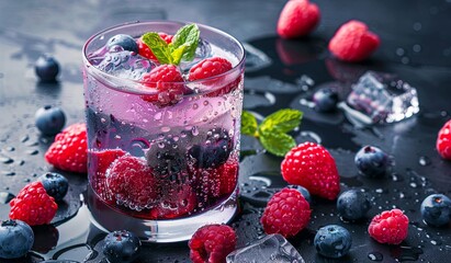 Refreshing berry cocktail with mint and ice on dark background