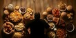 Silhouette of overweight man surrounded by various unhealthy food items. Concept Silhouette Photography, Unhealthy Dieting, Food Addiction Impact, Male Body Image, Harmful Eating Patterns