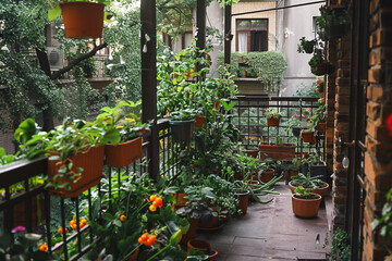 Wall Mural - A small, lush balcony garden in a bustling urban cityscape, showcasing a variety of plants and vegetables being cultivated in compact spaces for sustainable living and self-sufficiency 