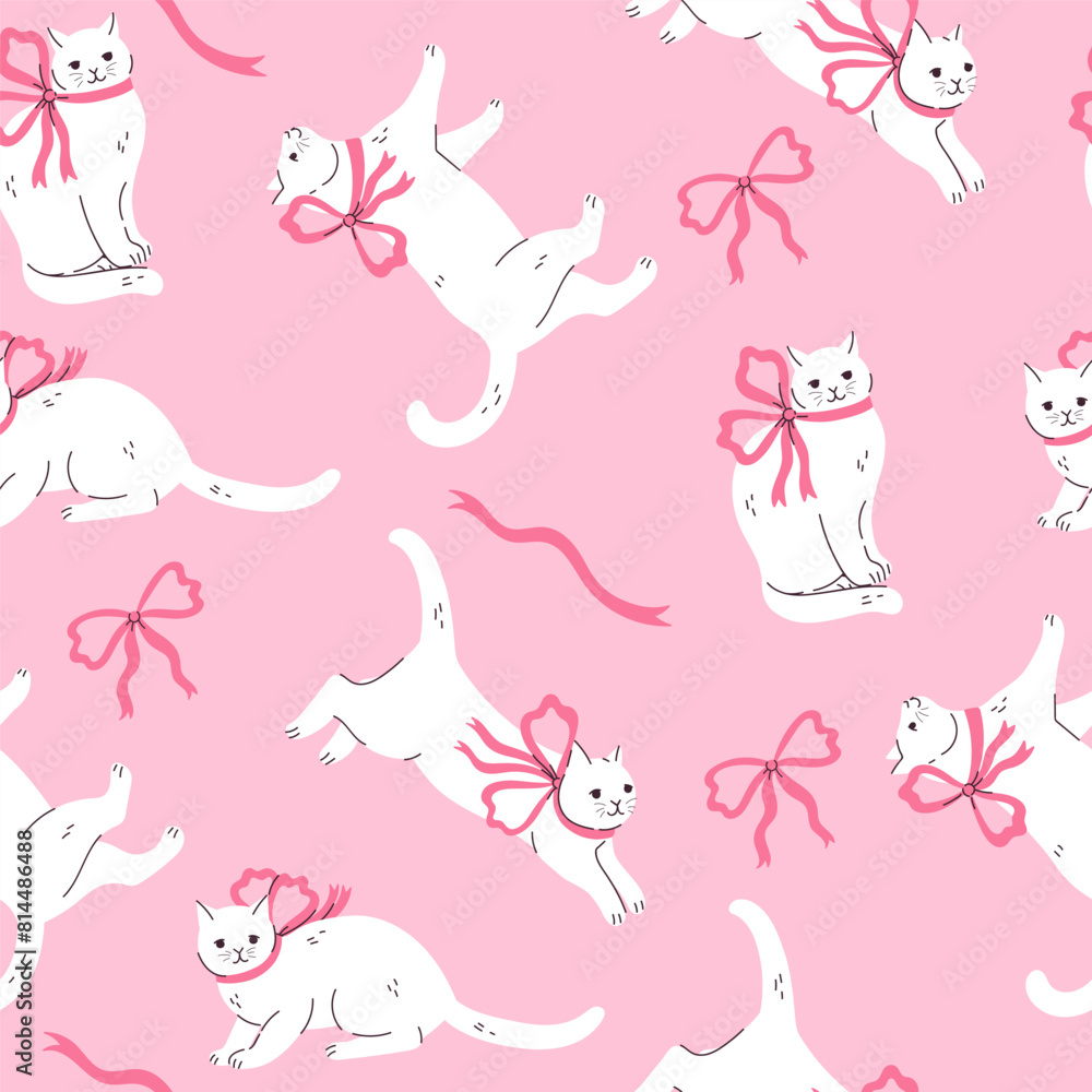 Seamless pattern with cute white cats with pink bows. Vector graphics ...