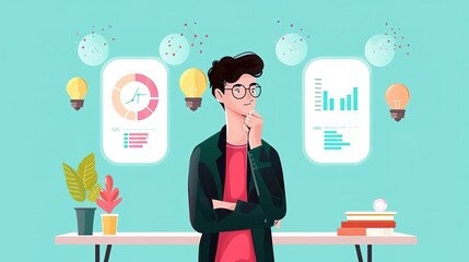 Canvas Print - A young man in glasses is looking at a graph and thinking about something.