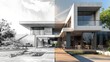 © HanThar Fusion - Vertical split screen rendering of detailed sketch and realistic image of a modern luxurious house