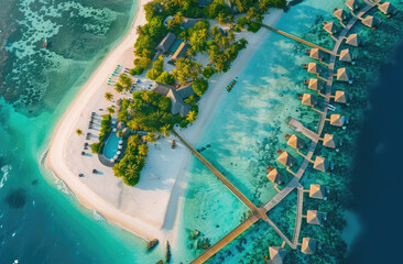 An aerial view of an island in the Maldives with white sandy beaches, turquoise waters and a luxurious overwater Coco Noire resort with wooden architecture and clear blue skies