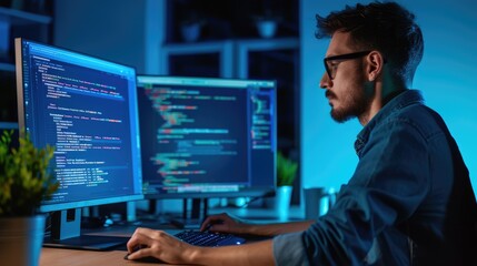side view of professional software developer coding program or engineering prompt. skilled programme