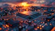 A detailed close-up of a microchip with a sunset background, embodying the integration of nature and advanced technology