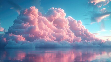 Wall Mural - A serene dreamscape with fluffy pink clouds reflected over a tranquil water surface during a calming sunset